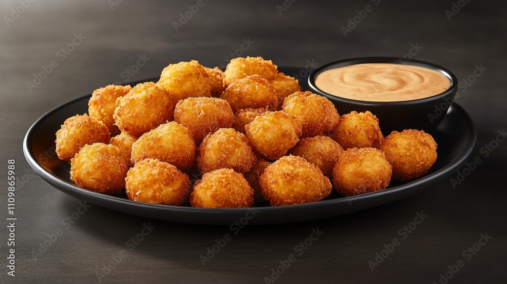 Crispy Golden Snack Bites with Dipping Sauce on Black Plate Crispy Golden Snack Bites with Dipping Sauce on Black Plate