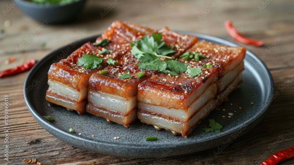 Crispy Pork Belly with Fresh Herbs on a Rustic Wooden Table Crispy Pork Belly with Fresh Herbs on a Rustic Wooden Table