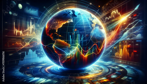 AI A vibrant 3D globe with streams of financial data and rising charts encircling its surface (3)