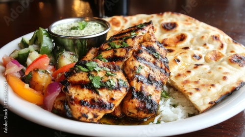 Grilled Chicken Dish with Naan, Salad, and Rice on a Plate