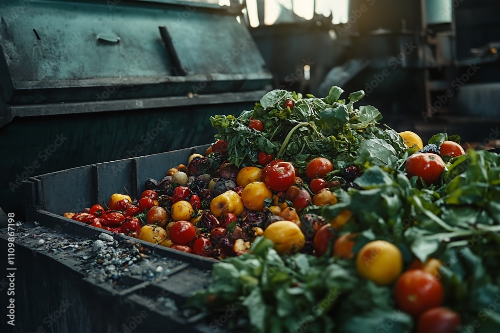 A heap of discarded fruits and vegetables in an industrial setting, highlighting waste. A heap of discarded fruits and vegetables in an industrial setting, highlighting waste.