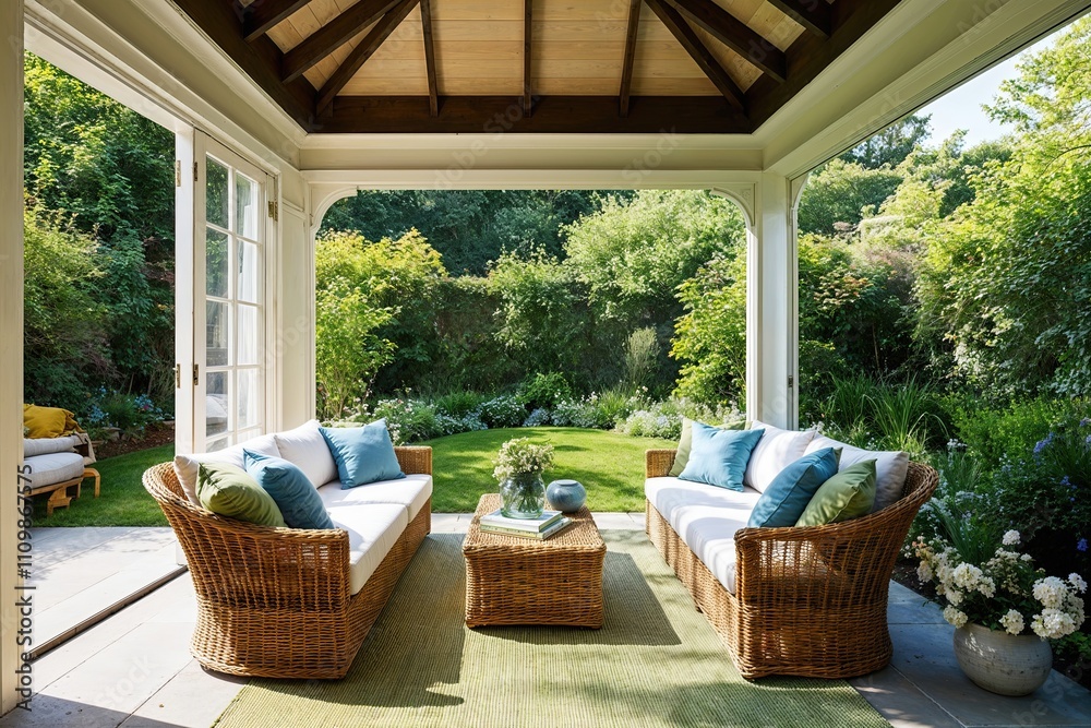 Fototapeta premium Peaceful Garden Room Design Bathed in Natural Light for a Tranquil Atmosphere