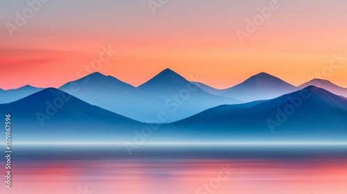 Serene sunset over calm lake and majestic mountains; vibrant colors and peaceful atmosphere.