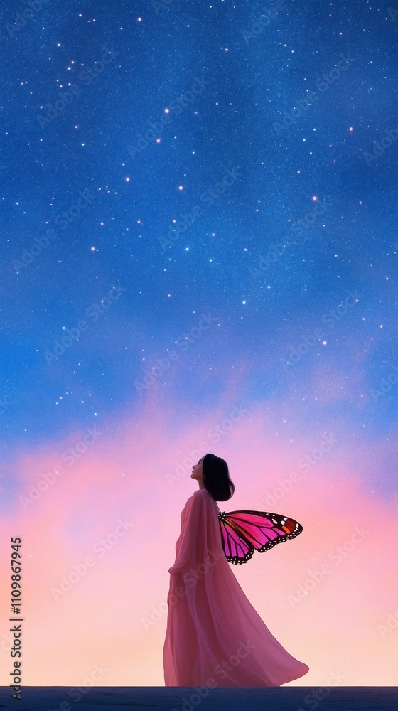 Woman with butterfly wings gazes at a starry sky, enveloped in a dreamy twilight glow, AI Woman with butterfly wings gazes at a starry sky, enveloped in a dreamy twilight glow, AI