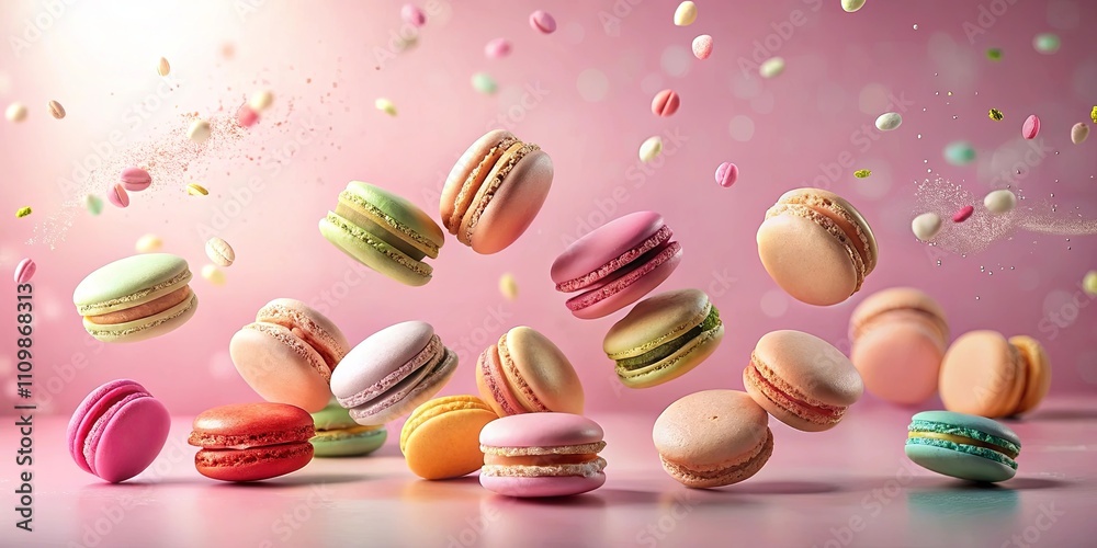 A delightful array of pastel macarons in mid-air, surrounded by a flurry of colorful sprinkles, creating a whimsical and appetizing scene. A delightful array of pastel macarons in mid-air, surrounded by a flurry of colorful sprinkles, creating a whimsical and appetizing scene.