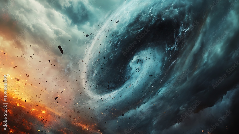 Fototapeta premium Apocalyptic swirling vortex of dark clouds and fire, debris flying.