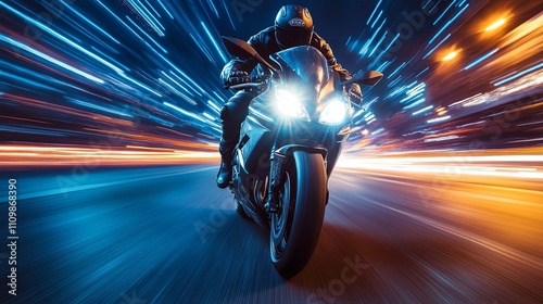 Night Rider Speeding Through City Lights On Motorcycle