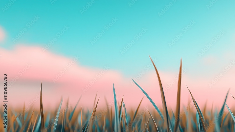 Close-up of grass blades against a pastel sunset sky. Close-up of grass blades against a pastel sunset sky.