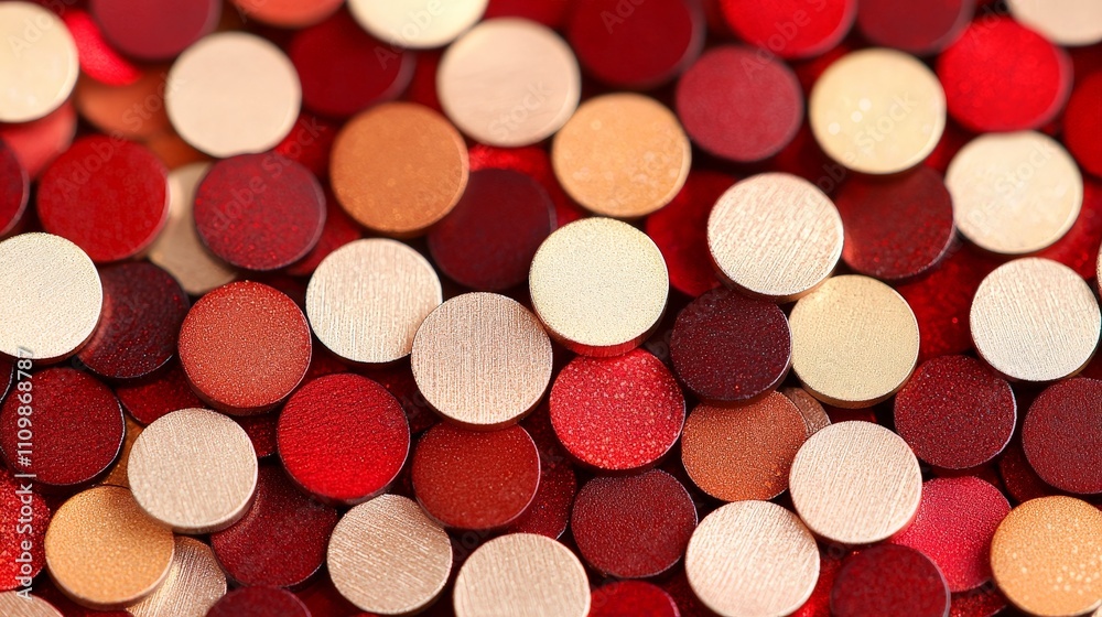 Close-up of many small, round, red and beige discs. Close-up of many small, round, red and beige discs.