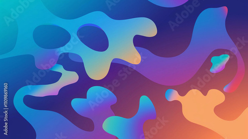 Abstract Composition of Interconnected Amorphous Shapes in Blue, Purple, and Orange