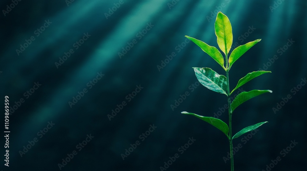 A single green sprout illuminated by sunlight against a dark background. A single green sprout illuminated by sunlight against a dark background.