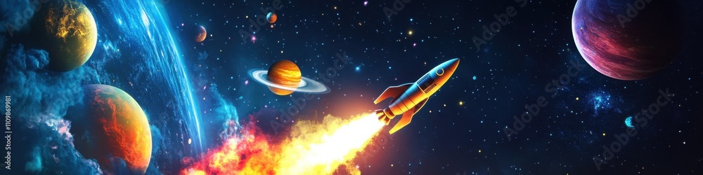 Cosmic Rocket Launch Amidst Vibrant Nebula and Planets A breathtaking journey through the cosmos, showcasing a rocket soaring past colorful planets and a stunning nebula