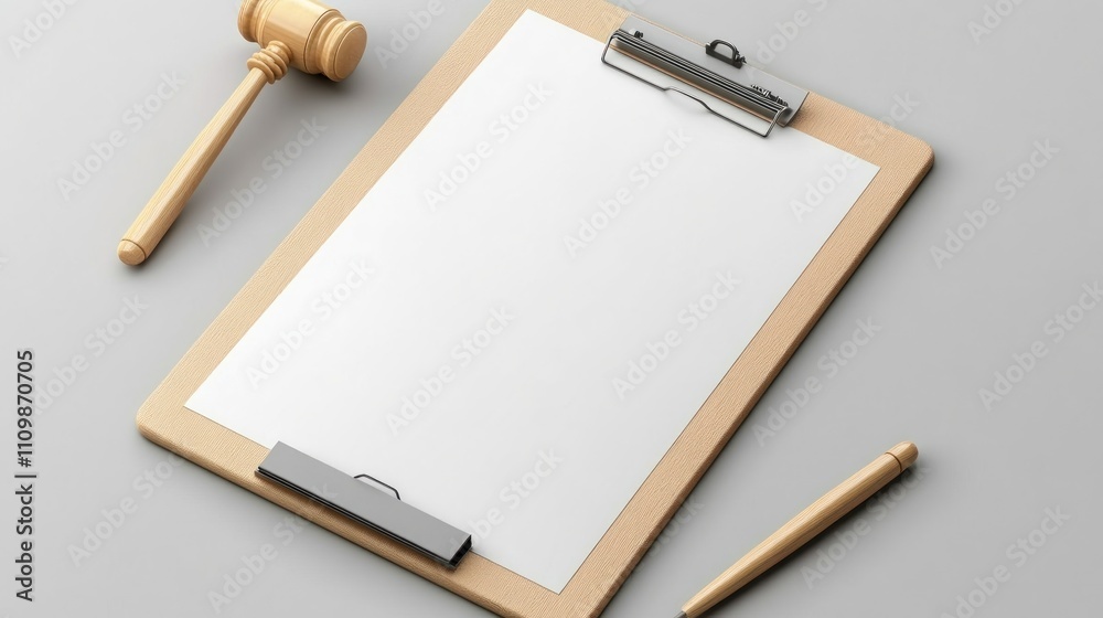 Wooden Gavel, Clipboard, and Pen: Legal Concept Mockup