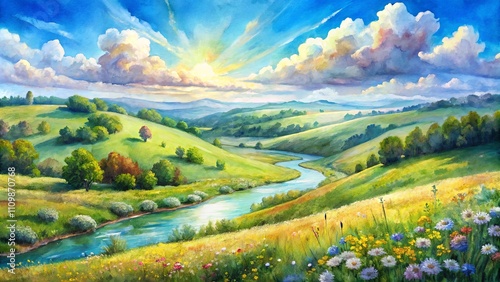 Serene River Valley Landscape Painting Rolling Green Hills, Sunlit Meadow, and a Winding Stream Under a Bright Summer Sky