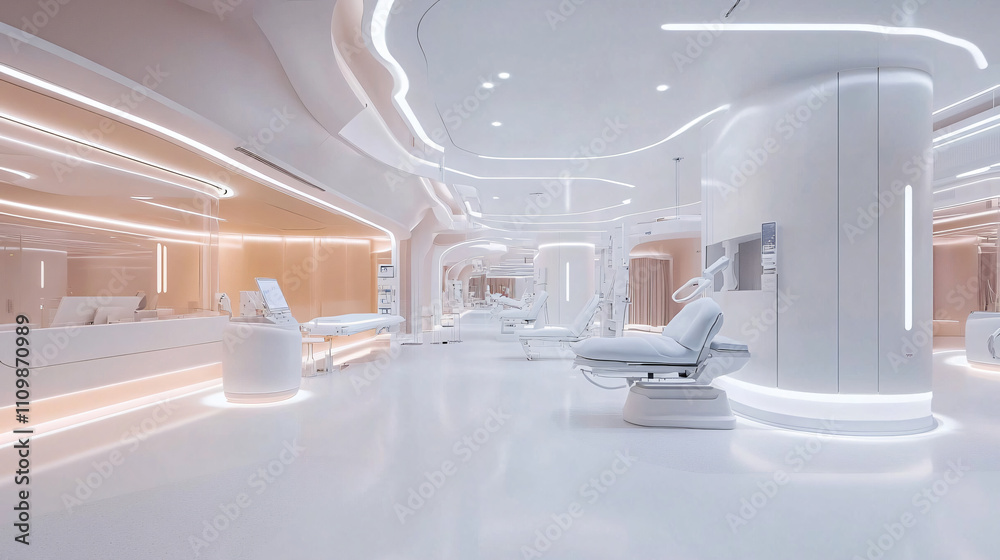 Obraz premium futuristic rehabilitation center featuring advanced robotic aids and sleek design, showcasing bright and spacious environment for patient care