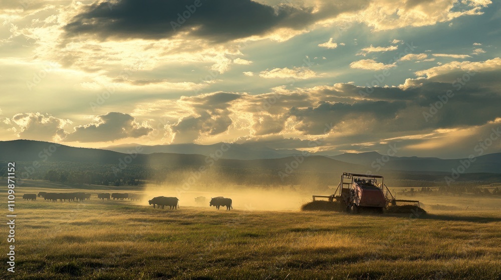 Naklejka premium Cattle feeding machinery distributing hay on a large ranch, morning light,
