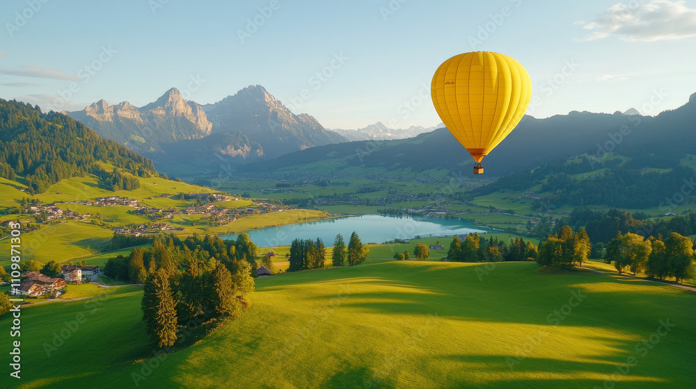 Obraz premium vibrant yellow hot air balloon floats over picturesque landscape featuring lush green hills, serene lake, and majestic mountains in background, creating tranquil and scenic view