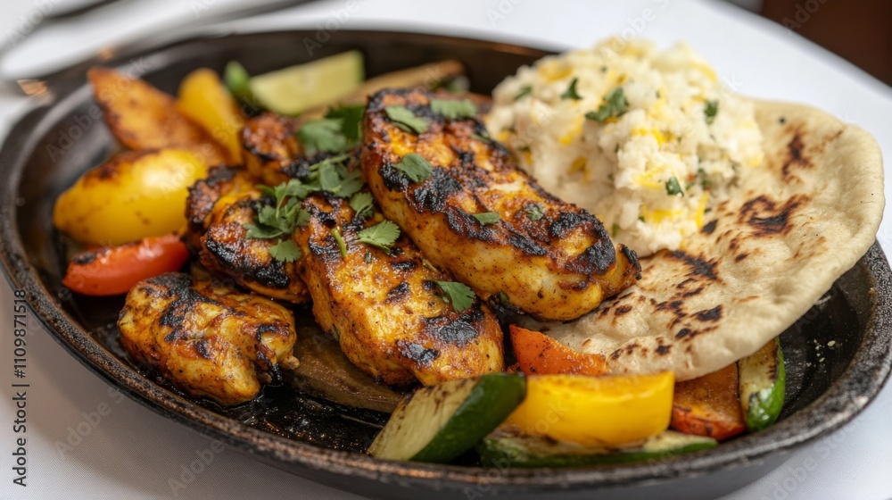 Grilled Chicken Platter with Vegetables and Rice on Serving Plate Grilled Chicken Platter with Vegetables and Rice on Serving Plate