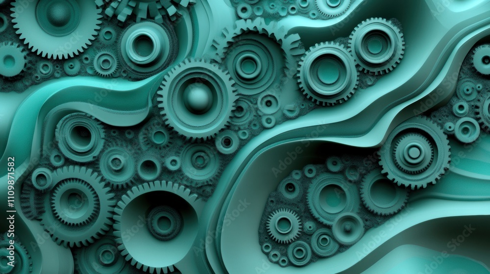 Intricate teal gears interlock in a mesmerizing abstract pattern, AI Intricate teal gears interlock in a mesmerizing abstract pattern, AI