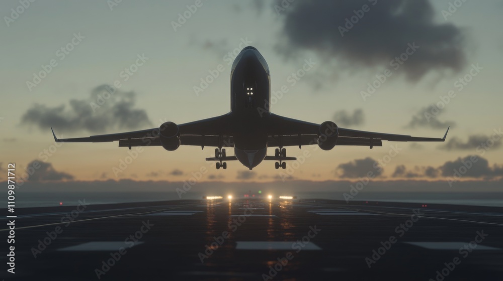 Airplane Taking Off Against Dramatic Sunset Sky and Cloudscape Airplane Taking Off Against Dramatic Sunset Sky and Cloudscape