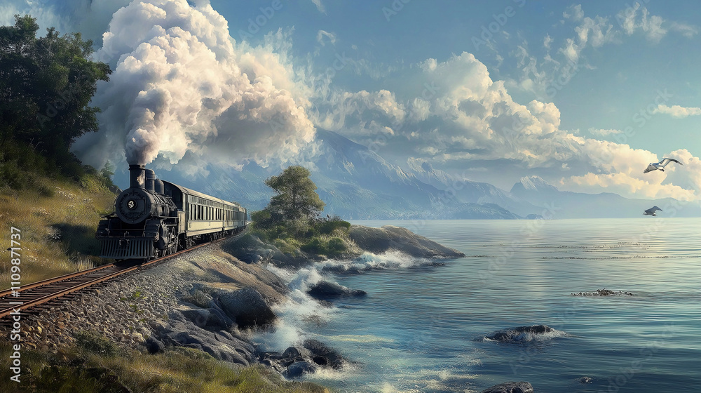 Fototapeta premium A train running on the sea, a retro train