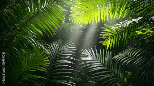 Natural serenity sunlight filtering through lush green leaves in a tropical forest setting nature photography tranquil atmosphere
