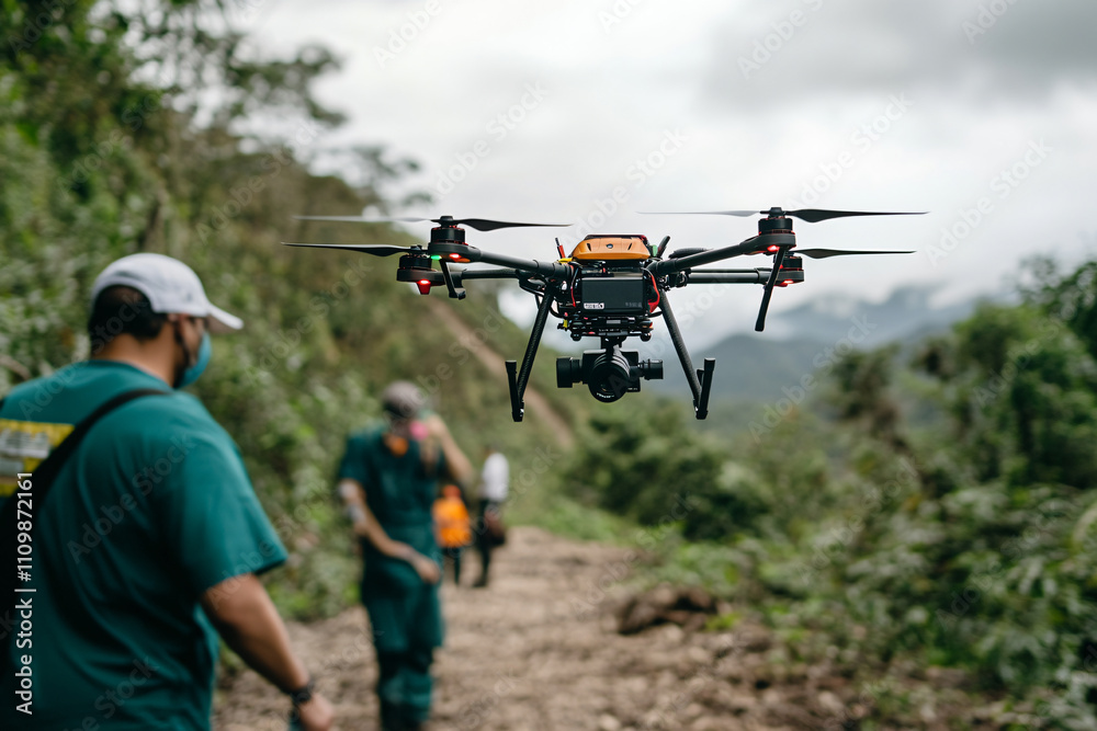 medical team uses drones for emergency response in remote area, showcasing technology in action. scene captures collaboration between humans and drones in critical situations medical team uses drones for emergency response in remote area, showcasing technology in action. scene captures collaboration between humans and drones in critical situations
