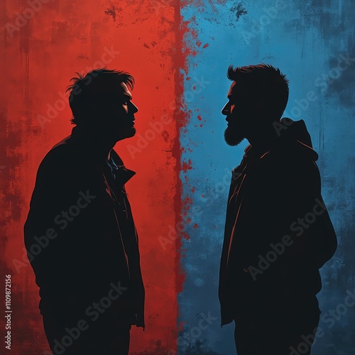 Silhouette of two humans standing on opposite sides of the color red and blue