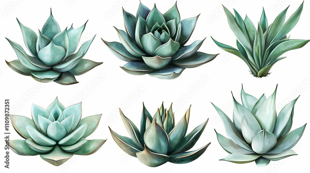 Agave plant collection sculptural desert flora isolated on white botanical photo set. Sculptural. Illustration Agave plant collection sculptural desert flora isolated on white botanical photo set. Sculptural. Illustration