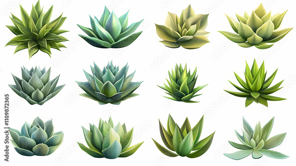 Fototapeta premium Agave plant collection sculptural desert flora isolated on white botanical photo set. Sculptural. Illustration