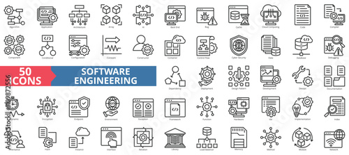 Software engineering icon collection set. Contain algorithm, application, architecture, array, ai, back end, bug, cache, code, compiler, component, conditional, configuration, ide, programming, code