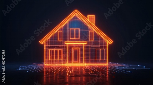 A glowing house illustration highlights futuristic smart home technology data focusing on connectivity security and efficient digital solutions for modern living.
