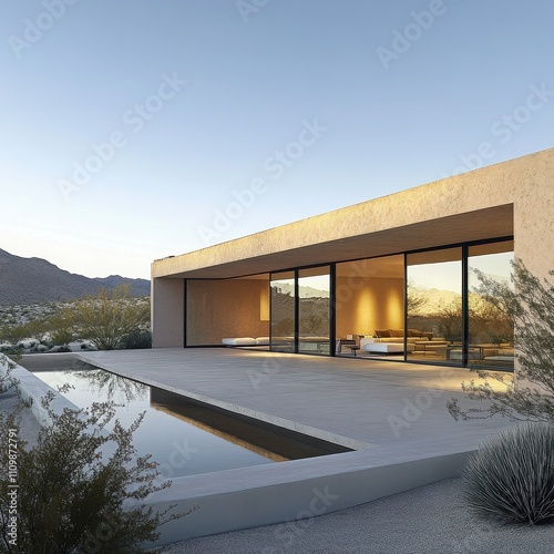 Modern Desert Retreat: A stunning minimalist home nestled amidst the desert landscape, showcasing a sleek design with expansive windows and a serene pool.