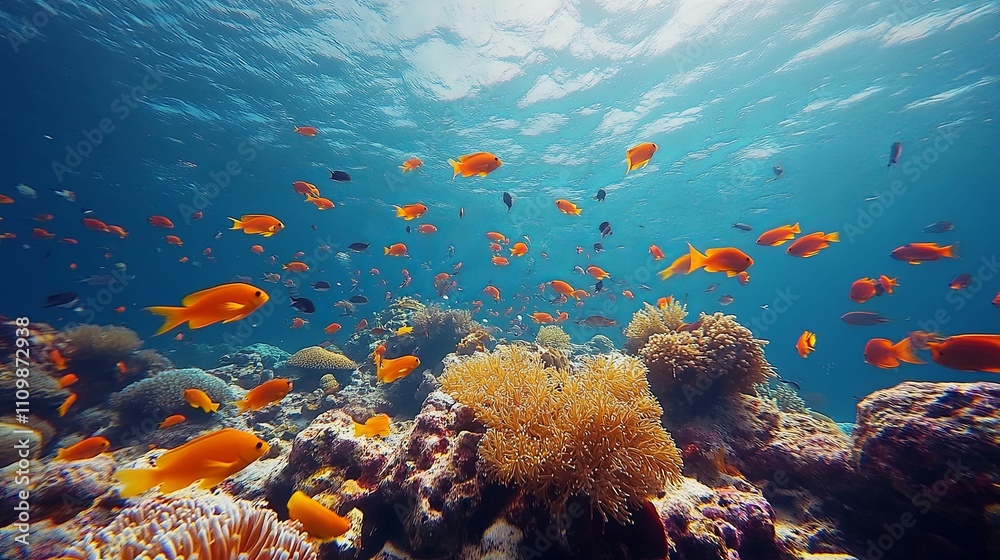 Vibrant Coral Reef With Schools Of Orange Fish Swimming Vibrant Coral Reef With Schools Of Orange Fish Swimming