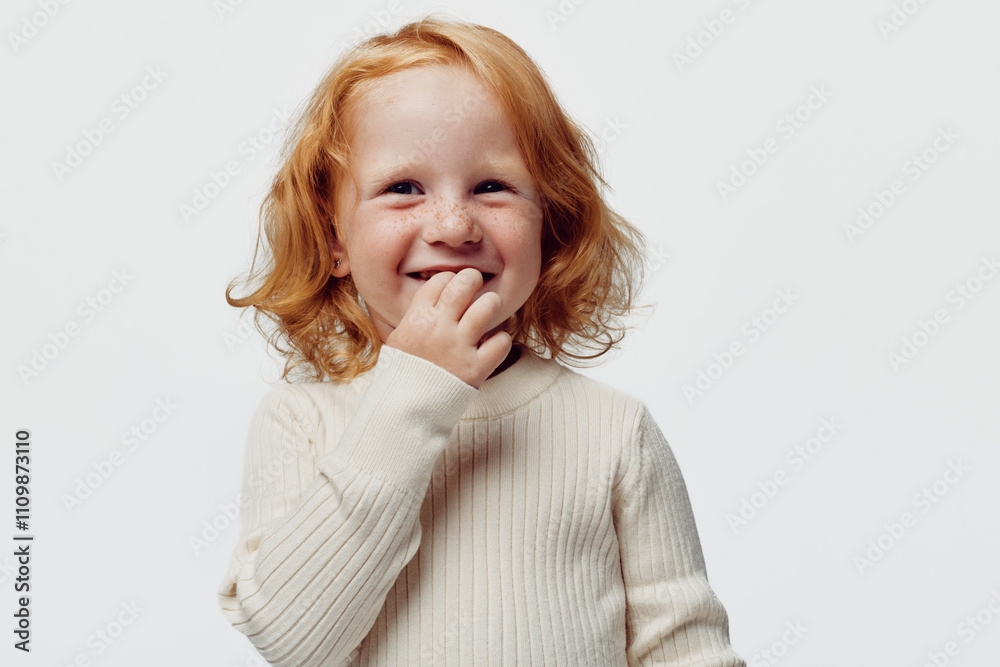 Happy little girl with red hair smiling and covering mouth with hand, beauty and joy in childhood Happy little girl with red hair smiling and covering mouth with hand, beauty and joy in childhood