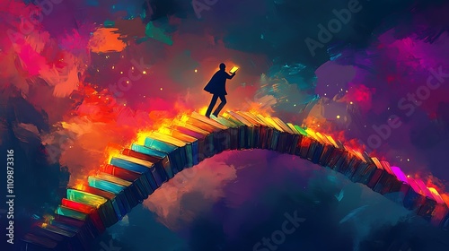 Man walks on burning book bridge towards bright light in surreal night sky. photo