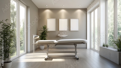 Modern, bright treatment room with examination table, plants, and large windows.