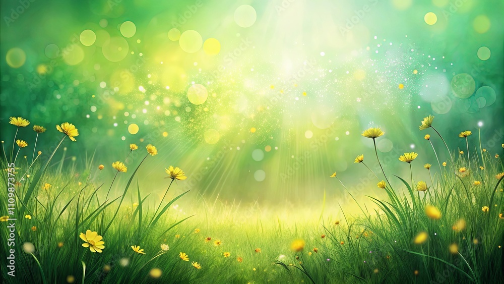 Fototapeta premium Enchanted Meadow Sunlit Springtime Field with Yellow Wildflowers and Sparkling Dust