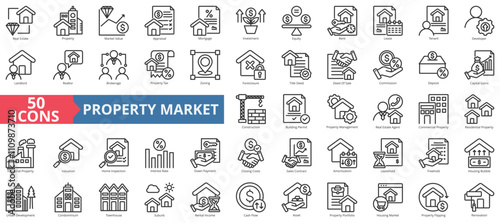 Property market icon collection set. Contain real estate, value, appraisal, mortgage, investment, equity, rent, lease, tenant, developer, landlord, realtor, brokerage, tax, zoning, foreclosure, sale