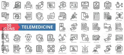 Telemedicine icon collection set. Contain telepharmacy, telehealth, teleconsultation, telemonitoring, diagnosis, consultation, remote monitoring, virtual, health, care, provider, e-consultation