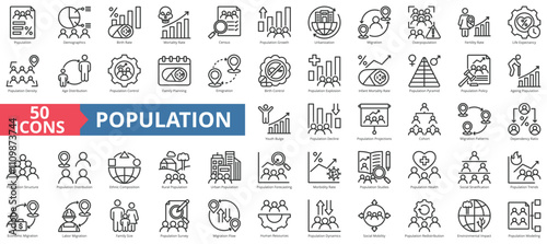 Population icon collection set. Contain demographic, birth, mortality, census, growth, urbanization, migration, overpopulation, fertility, life expectancy, density, age distribution, family, control