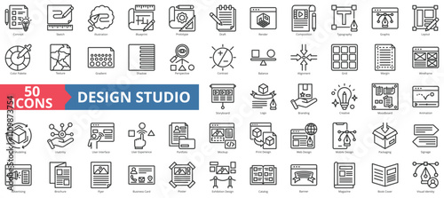 Design studio icon collection set. Contain concept, sketch, illustration, blueprint, prototype, draft, render, composition, typography, graphic, layout, color palette, texture, gradient, perspective