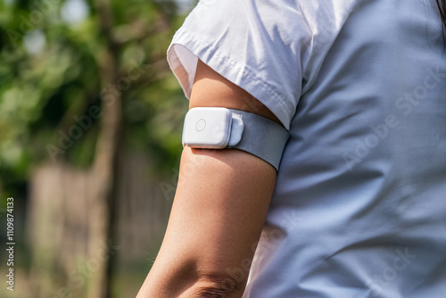Smart health monitoring device on patient arm, tracking vital signs outdoors. This innovative technology promotes wellness and enhances health management