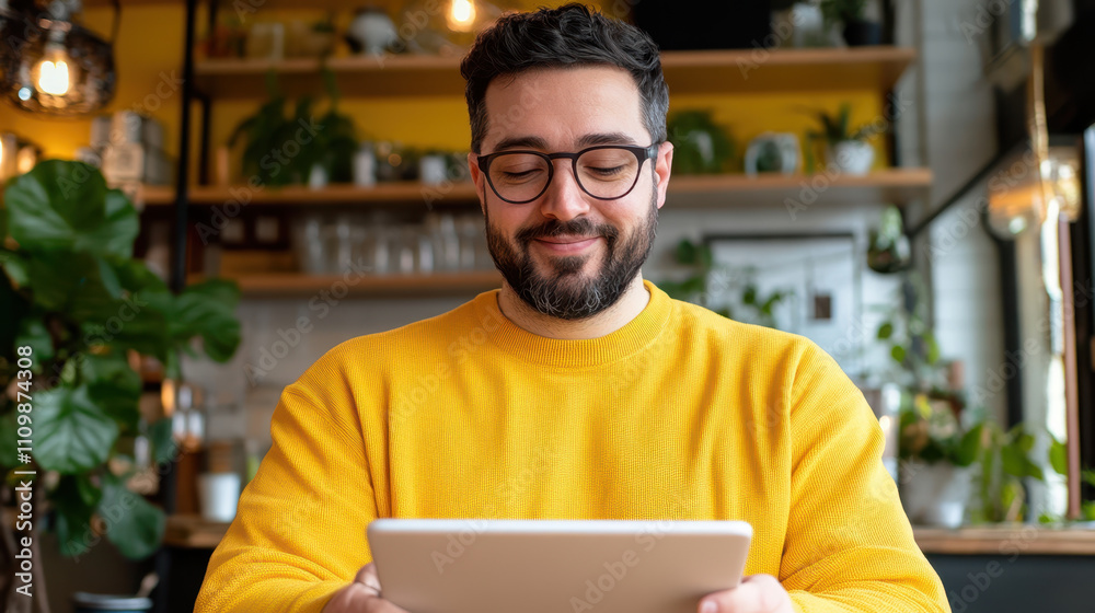 man in bright yellow sweater is sketching on digital tablet in cozy cafe, surrounded by plants and warm lighting, showcasing creativity and focus man in bright yellow sweater is sketching on digital tablet in cozy cafe, surrounded by plants and warm lighting, showcasing creativity and focus