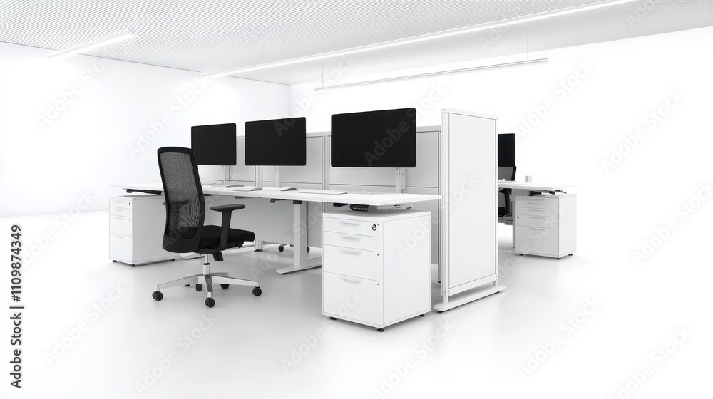 Modern office with standing desks and collaborative workspaces, featuring sleek design and multiple monitors for productivity. bright and spacious environment enhances focus and teamwork