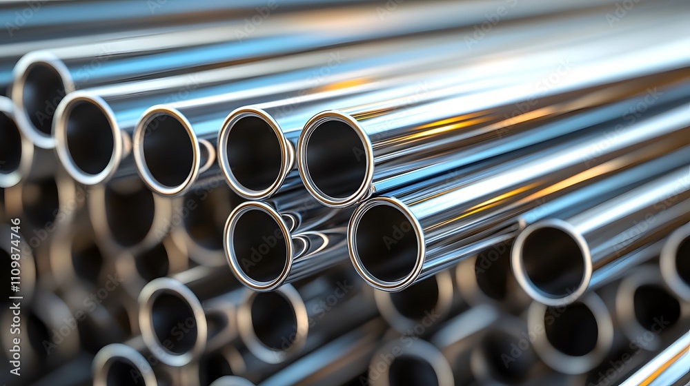 A bunch of metal pipes are stacked on top of each other. The pipes are silver and appear to be of varying sizes. Concept of industrial organization and efficiency, as the pipes are neatly arranged A bunch of metal pipes are stacked on top of each other. The pipes are silver and appear to be of varying sizes. Concept of industrial organization and efficiency, as the pipes are neatly arranged