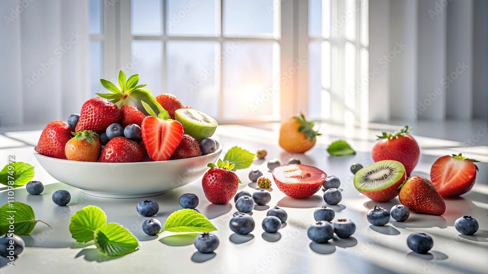 A vibrant bowl of fresh strawberries, blueberries, and kiwi, bathed in sunlight near a window A vibrant bowl of fresh strawberries, blueberries, and kiwi, bathed in sunlight near a window