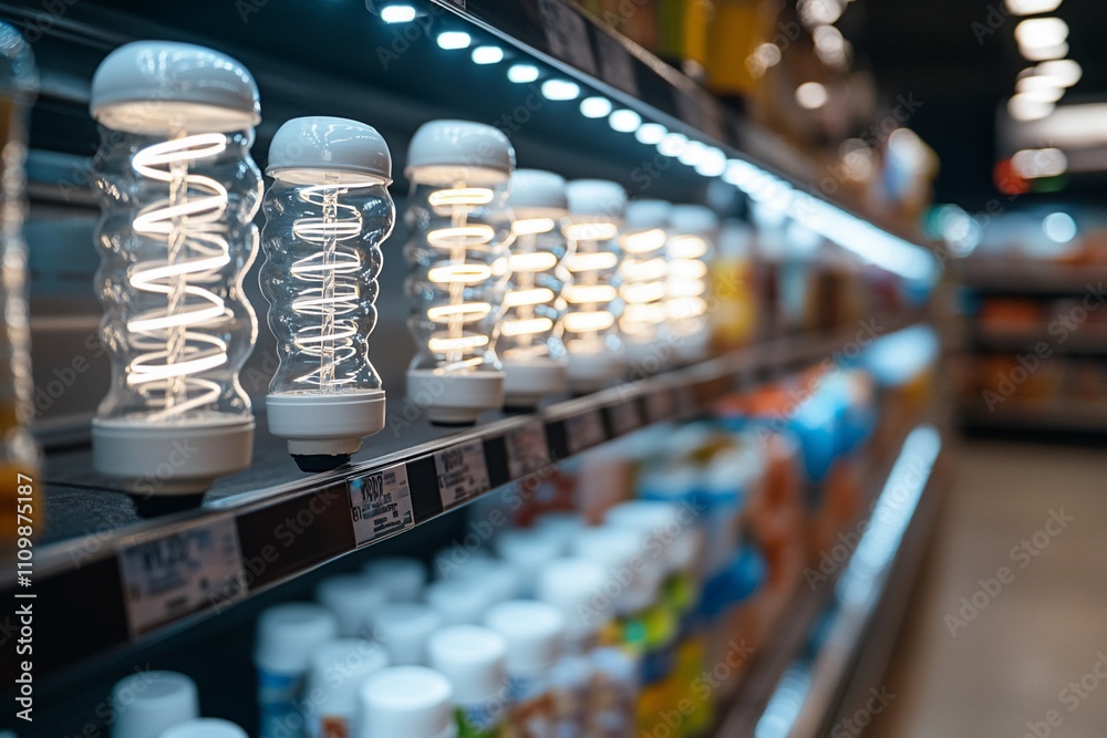 Spiral LED light bulbs displayed on supermarket shelf. Spiral LED light bulbs displayed on supermarket shelf.