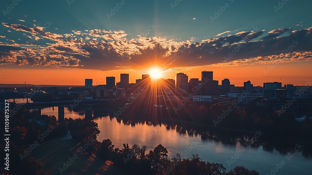 Naklejka premium Vibrant sunrise over cityscape and river.