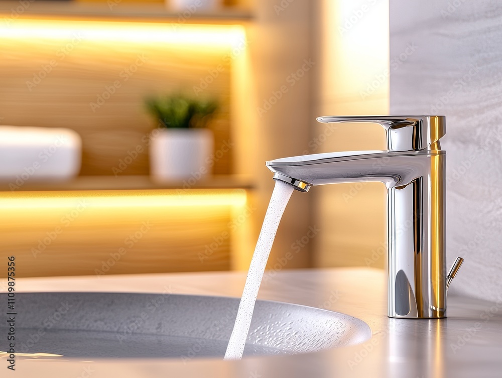 Fototapeta premium A sleek, modern faucet pours water into a round basin, illuminated by soft ambient lighting, creating a serene bathroom atmosphere.